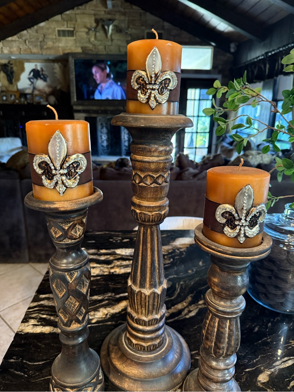 Fleur-de-Lis Burnished Brown leather wrapped Candle Trio on Rustic Pedestals